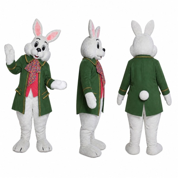 Formal Rabbit Mascot Costume in Gray with Green Coat and Floral Vest Adult