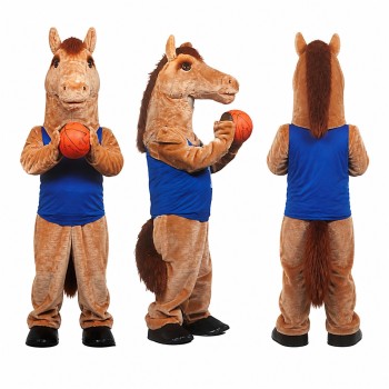 Basketball Horse Mascot Costume in Brown with Blue Uniform Adult