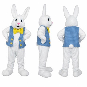 Rabbit Mascot Costume in White with Gray Vest and Yellow Bow Adult