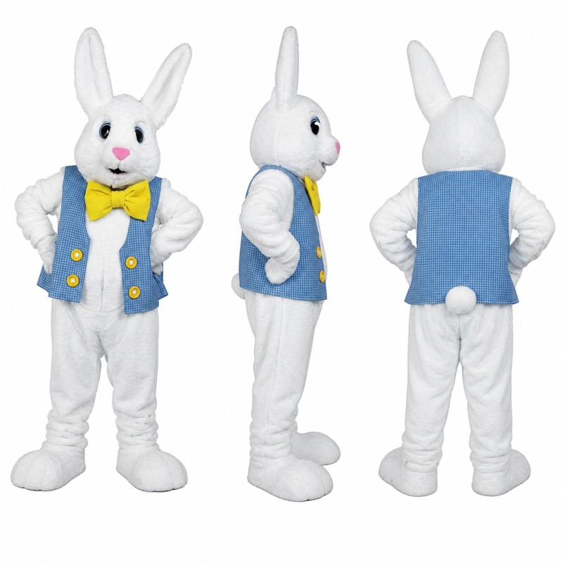 Rabbit Mascot Costume in White with Gray Vest and Yellow Bow Adult