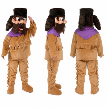 Frontier Man Mascot Costume in Tan Fringe Outfit with Fur Hat Adult