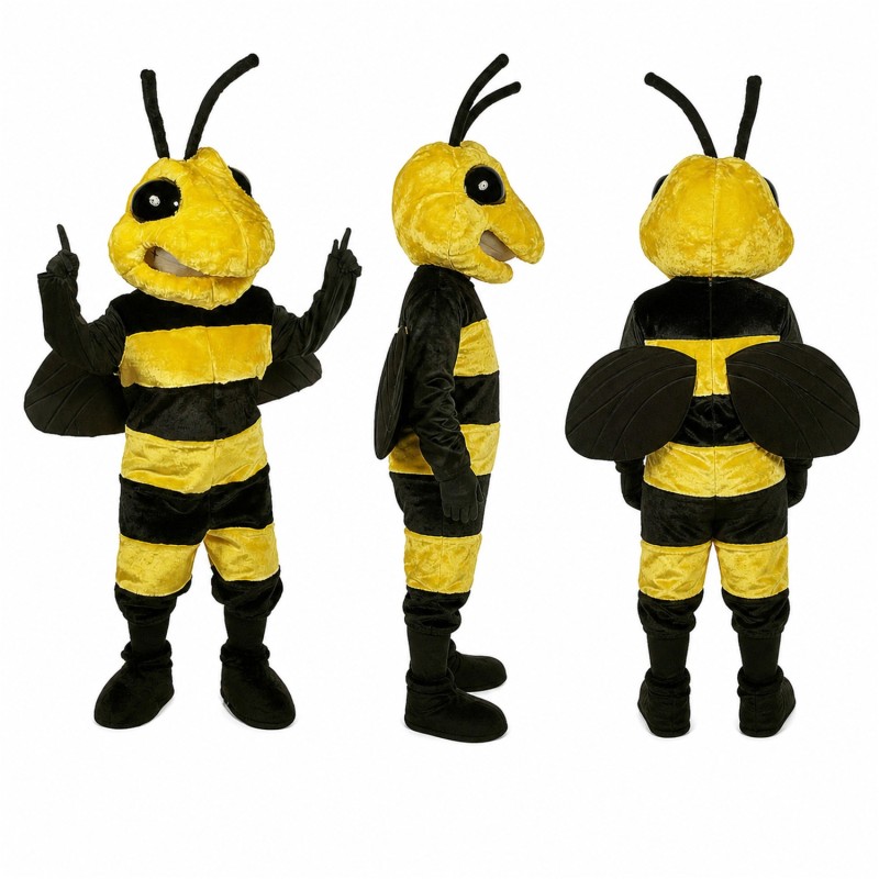 Bee Mascot Costume in Yellow and Black with Raised Hands Adult
