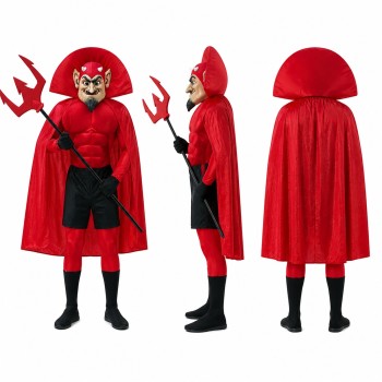 Devil Mascot Costume in Red with Cape and Trident Adult