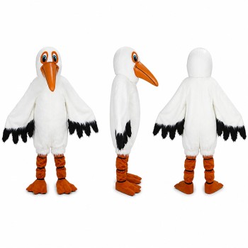 White Bird Mascot Costume with Orange Beak and Black Wing Tips Adult