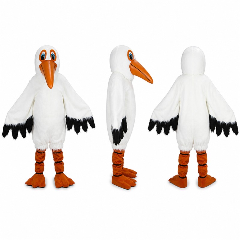 White Bird Mascot Costume with Orange Beak and Black Wing Tips Adult