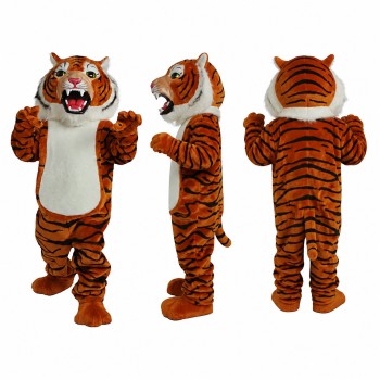 Tiger Mascot Costume in Orange with Black Stripes and Roaring Face Adult