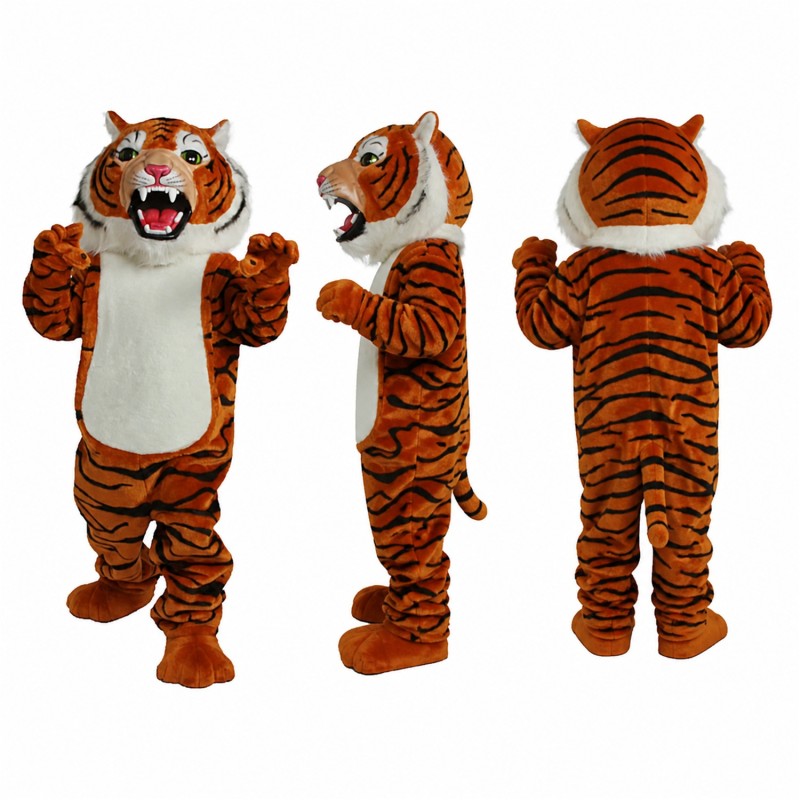 Tiger Mascot Costume in Orange with Black Stripes and Roaring Face Adult