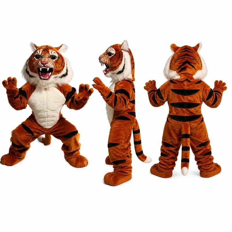 Tiger Mascot Costume in Orange with White Belly and Raised Paws Adult