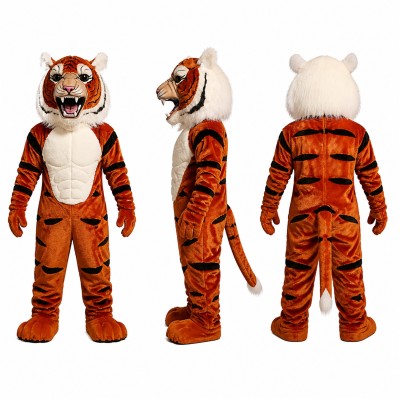 Tiger Mascot Costume in Orange with Black Stripes and White Belly Adult