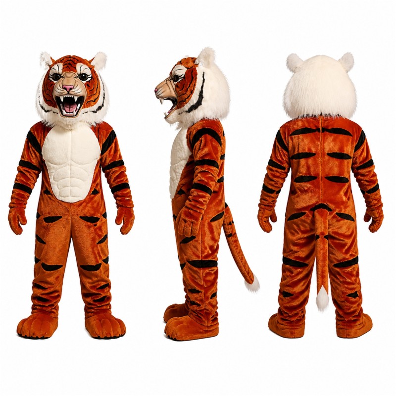 Tiger Mascot Costume in Orange with Black Stripes and White Belly Adult
