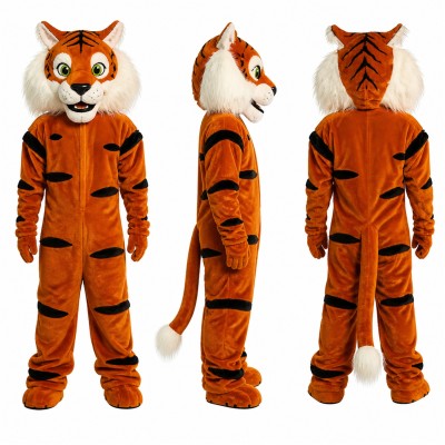 Tiger Mascot Costume in Orange with Black Stripes and Green Eyes Adult