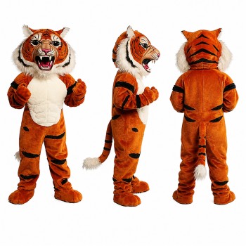 Tiger Mascot Costume in Orange with White Belly and Roaring Face Adult