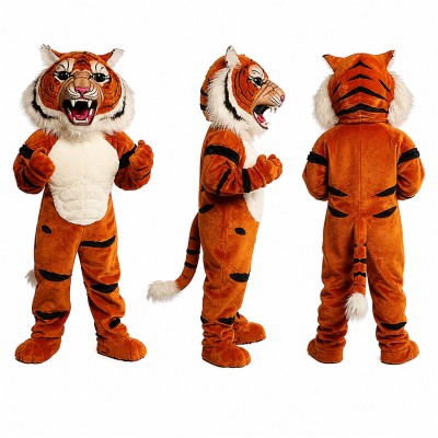 Tiger Mascot Costume in Orange with White Belly and Roaring Face Adult