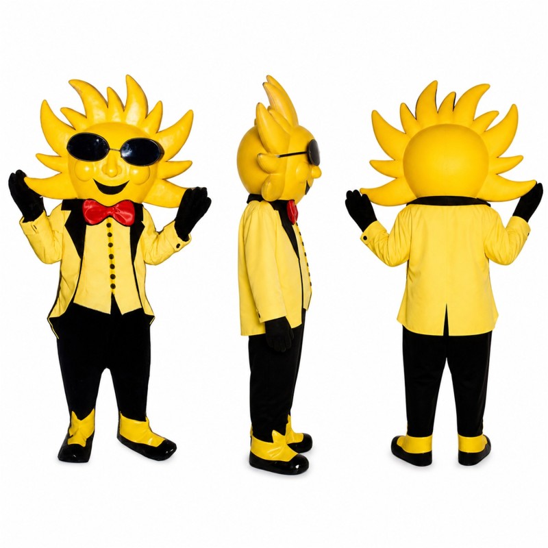 Sun Character Mascot Costume in Yellow with Sunglasses and Tuxedo Adult