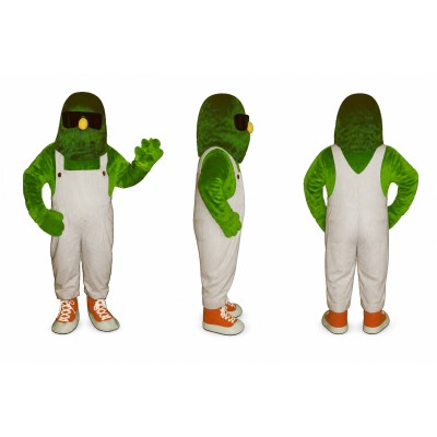 Green Character Mascot Costume with Gray Overalls Adult
