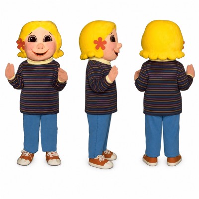 Child Character Mascot Costume with Blond Hair and Striped Shirt Adult