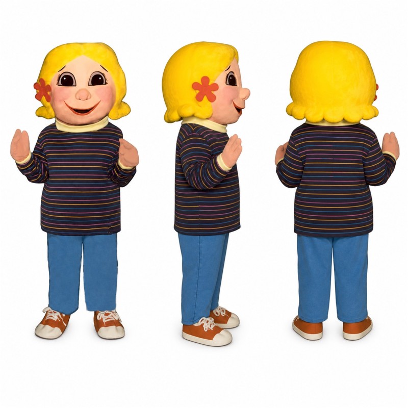 Child Character Mascot Costume with Blond Hair and Striped Shirt Adult