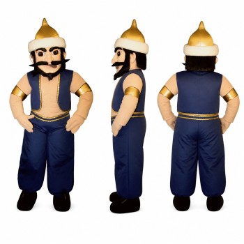 Medieval Warrior Mascot Costume in Blue with Gold Helmet Adult