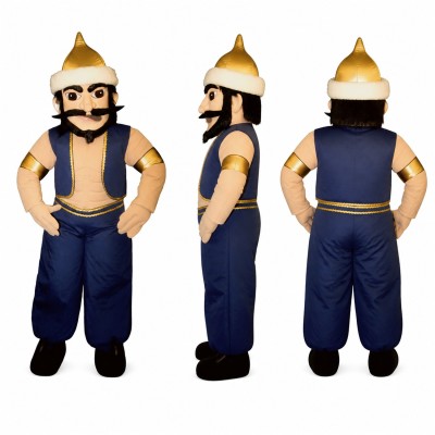 Medieval Warrior Mascot Costume in Blue with Gold Helmet Adult