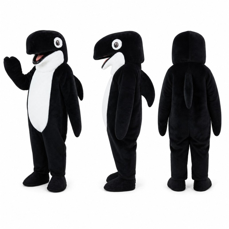 Killer Whale Mascot Costume in Black and White with Pink Beak Adult