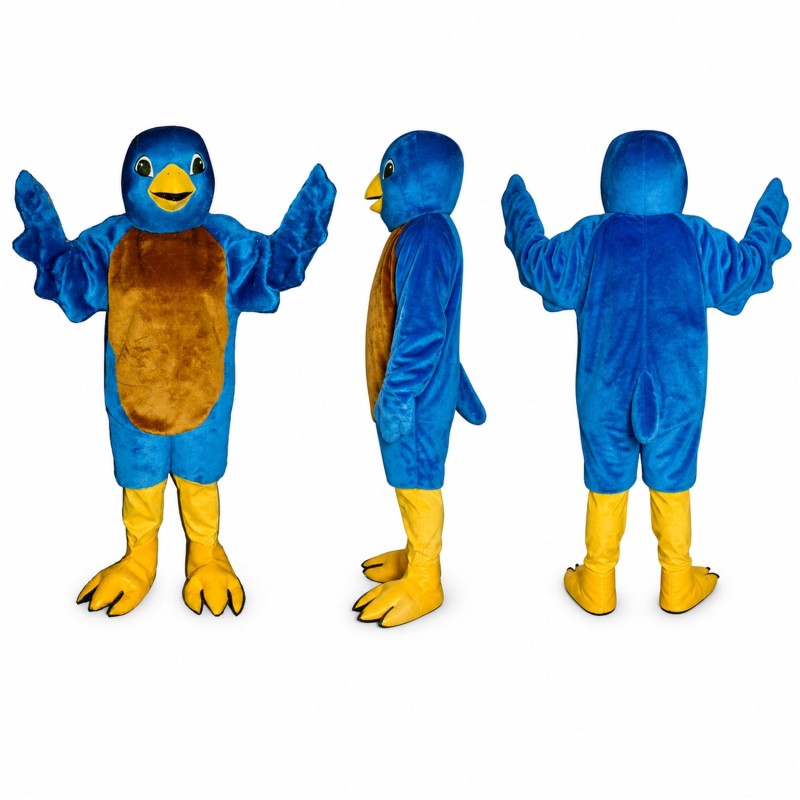 Blue Bird Mascot Costume with Brown Belly and Yellow Feet Adult