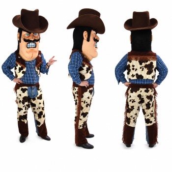 Cowboy Mascot Costume with Blue Shirt and Cow Print Chaps Adult
