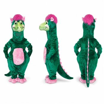 Dragon Mascot Costume in Green with Pink Belly and Crest Adult