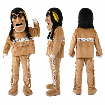 Tribal Warrior Mascot Costume in Tan Fringe Outfit Adult