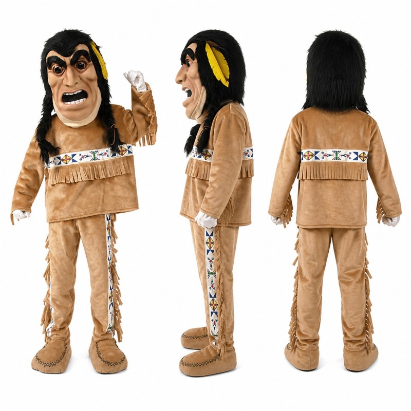 Tribal Warrior Mascot Costume in Tan Fringe Outfit Adult