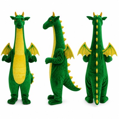 Dragon Mascot Costume in Green with Yellow Wings Adult