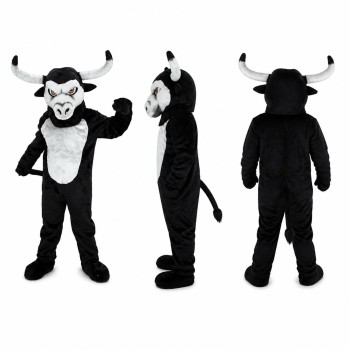 Bull Mascot Costume in Black and White with Large Horns Adult