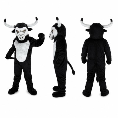 Bull Mascot Costume in Black and White with Large Horns Adult