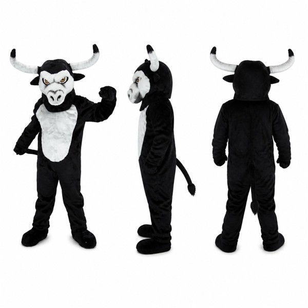Bull Mascot Costume in Black and White with Large Horns Adult