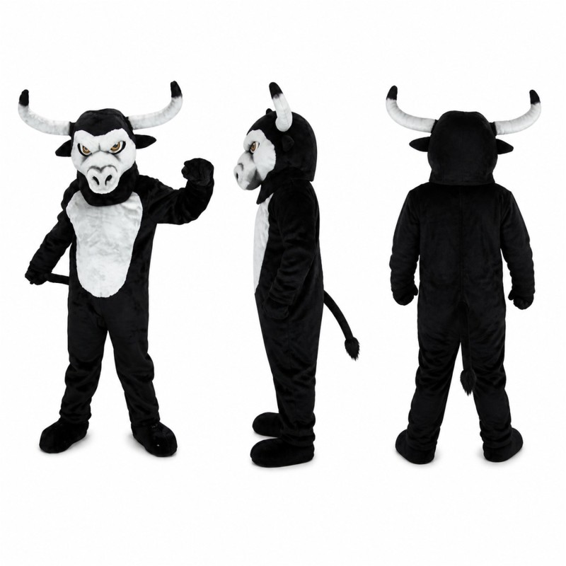 Bull Mascot Costume in Black and White with Large Horns Adult