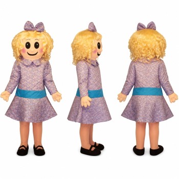 Girl Character Mascot Costume with Blond Hair and Purple Dress Adult