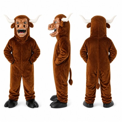 Bull Mascot Costume in Brown with White Horns Adult