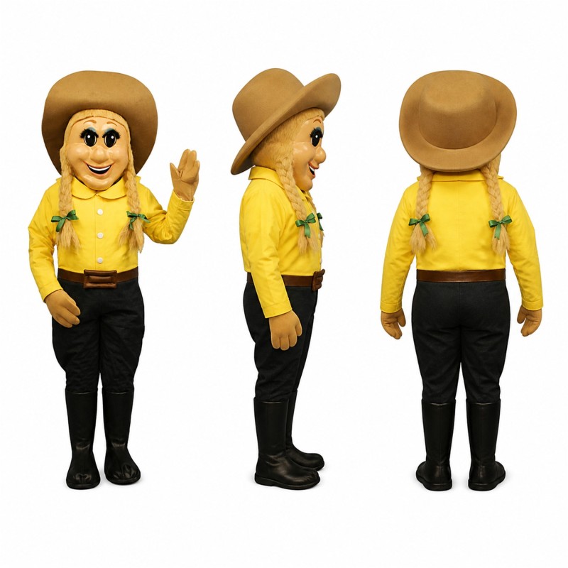 Cowgirl Mascot Costume with Yellow Hat and Shirt Adult