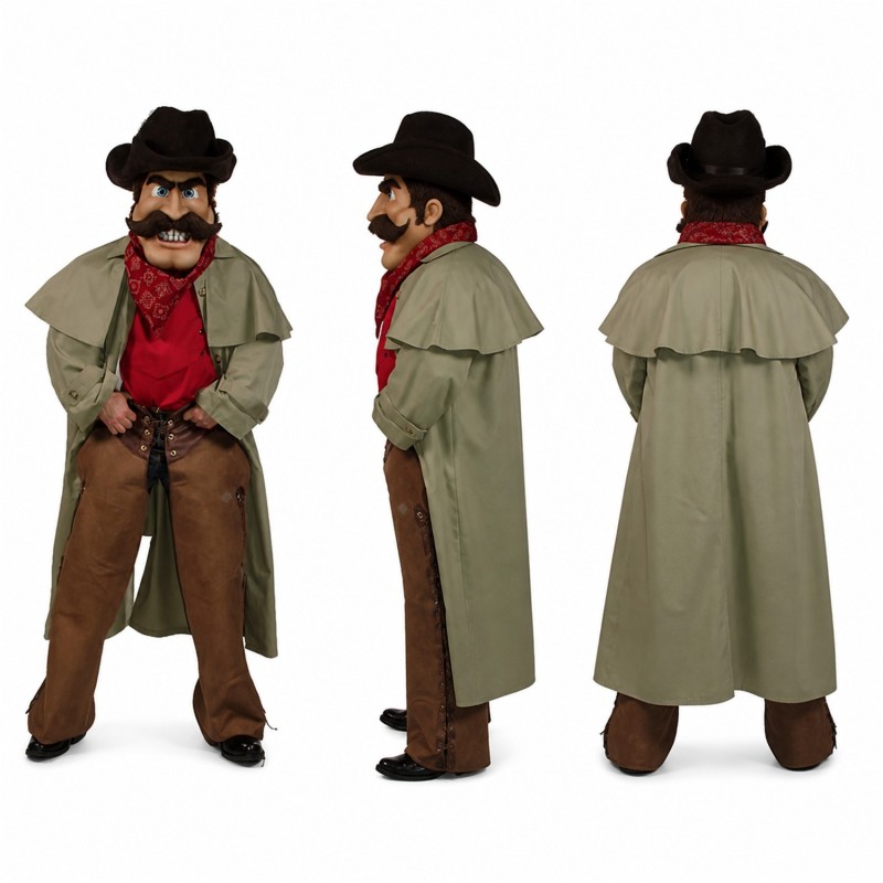 Cowboy Mascot Costume with Gray Coat and Black Hat Adult