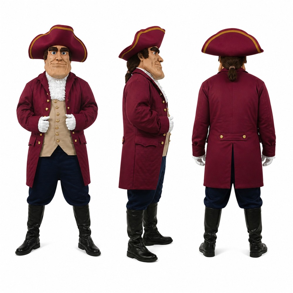 Colonial Gentleman Mascot Costume in Burgundy with Tricorn Hat Adult Colonial Gentleman Mascot Costume in Burgundy with Tricorn Hat Adult