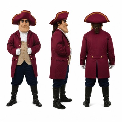 Colonial Gentleman Mascot Costume in Burgundy with Tricorn Hat Adult