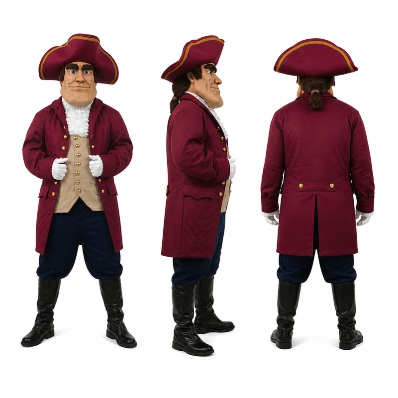 Colonial Gentleman Mascot Costume in Burgundy with Tricorn Hat Adult