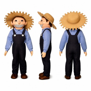 Farmer Mascot Costume with Straw Hat and Black Overalls Adult