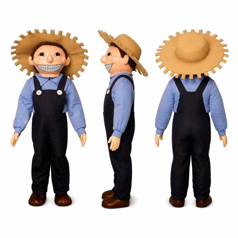 Farmer Mascot Costume with Straw Hat and Black Overalls Adult