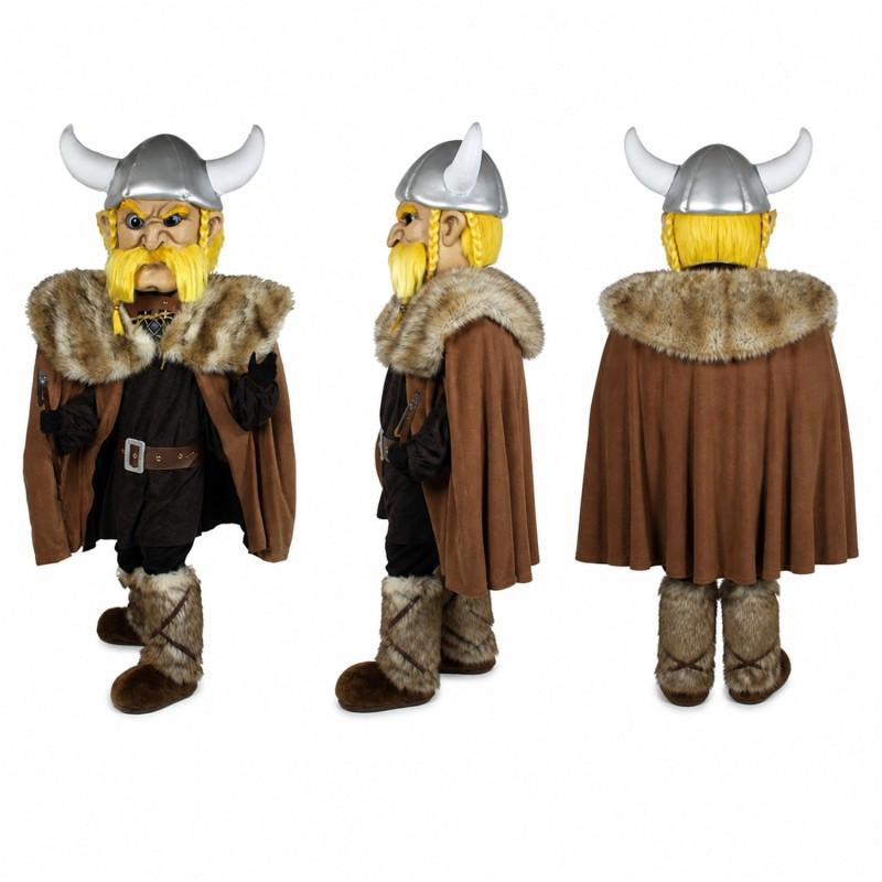 Viking Warrior Mascot Costume in Brown with Horned Helmet Adult