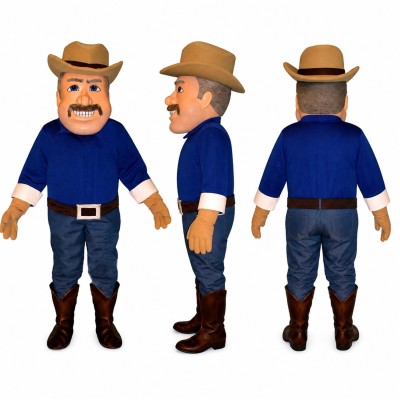Cowboy Mascot Costume with Brown Hat and Blue Shirt Adult