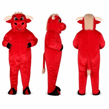 Bull Mascot Costume in Red with Horns and Tail Adult