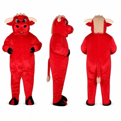 Bull Mascot Costume in Red with Horns and Tail Adult