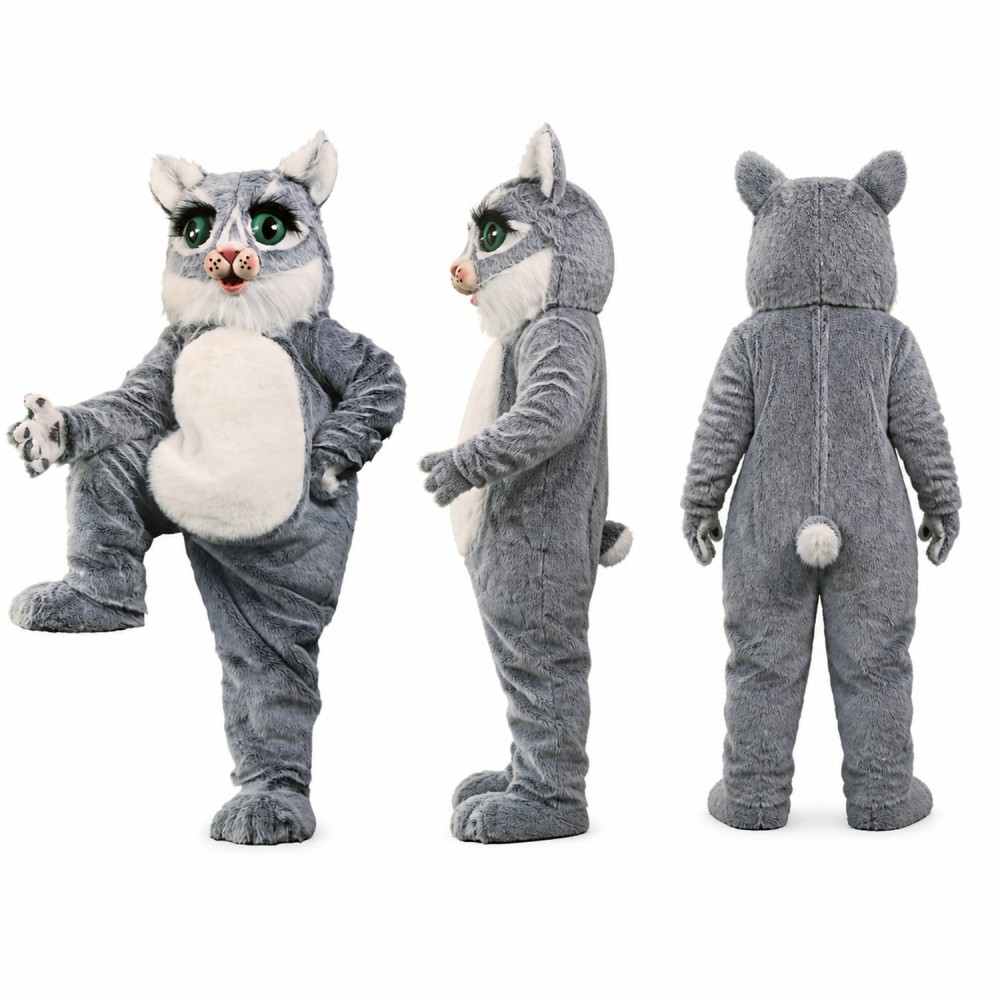 Cat Mascot Costume in Gray and White with Green Eyes Adult
