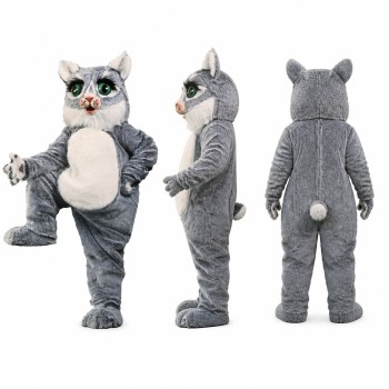 Cat Mascot Costume in Gray and White with Green Eyes Adult