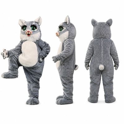 Cat Mascot Costume in Gray and White with Green Eyes Adult